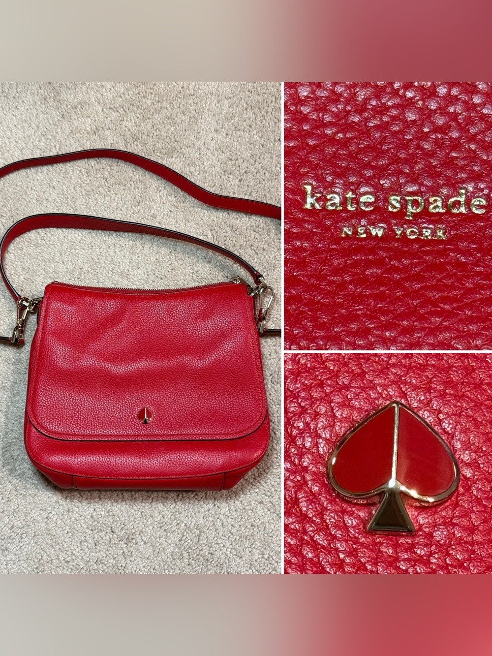Kate Spade Red Pebbled Leather Flap Crossbody Shoulder Bag Enamel Spade